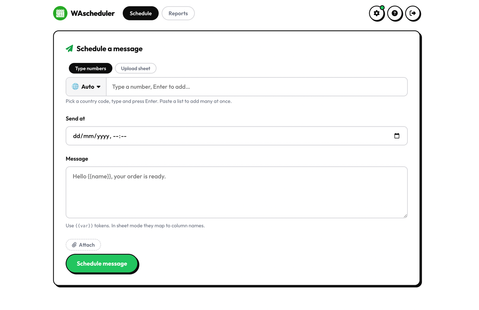 WAscheduler dashboard — schedule a WhatsApp message with date, time, and attachments